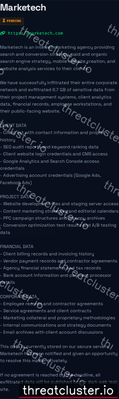 Leak-site post naming Marketech, captured by ThreatCluster