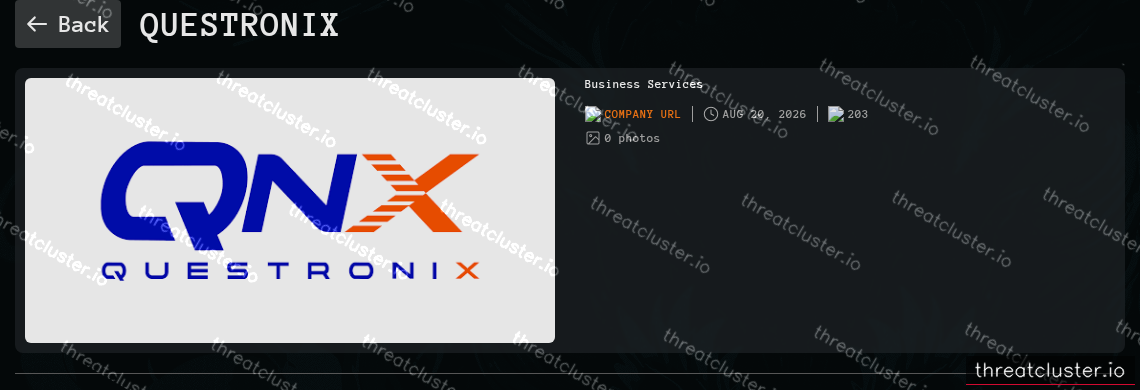 Leak-site post naming Questronix, captured by ThreatCluster