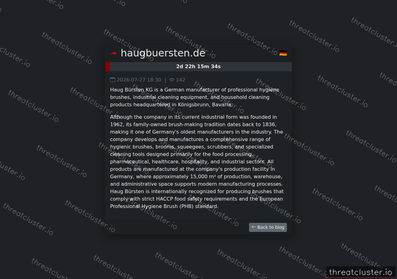 Leak-site post naming haugbuersten.de, captured by ThreatCluster