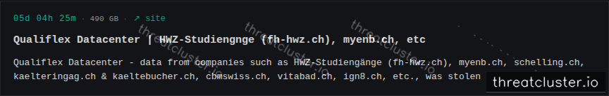 Leak-site post naming Qualiflex Datacenter | HWZ-Studiengnge (fh-hwz.ch), myenb.ch, etc, captured by ThreatCluster