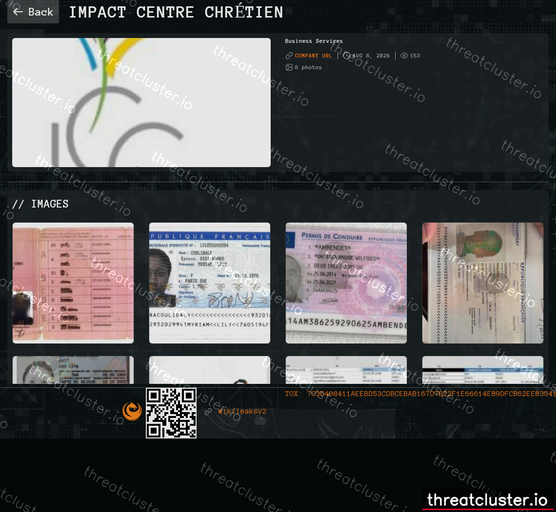 Leak-site post naming Impact Centre Chrétien, captured by ThreatCluster