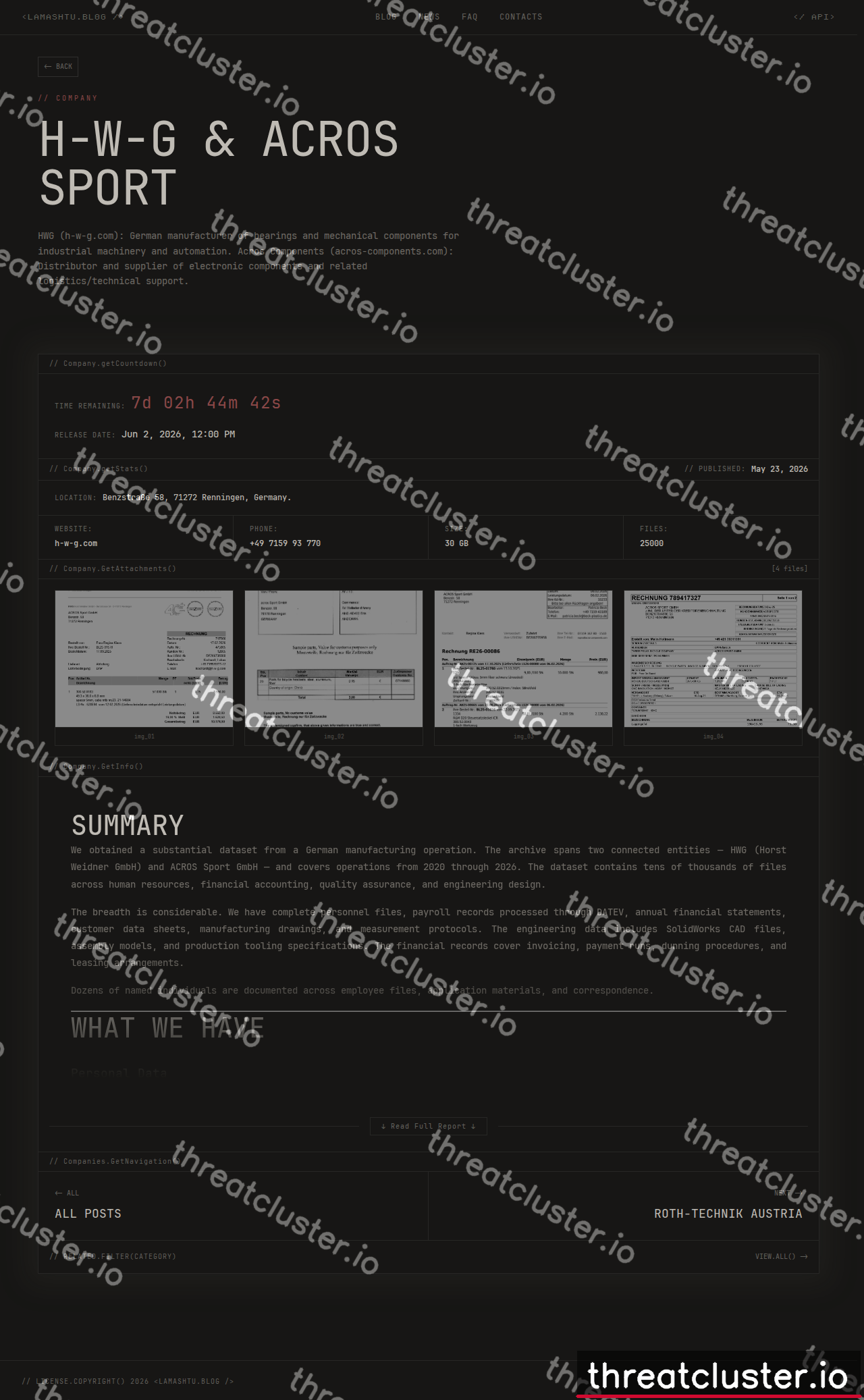 Leak-site post naming H-W-G & Acros Sport, captured by ThreatCluster