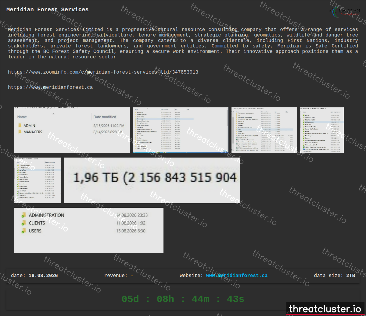 Leak-site post naming Meridian Forest Services, captured by ThreatCluster