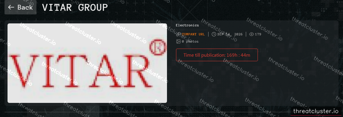 Leak-site post naming Vitar Group, captured by ThreatCluster