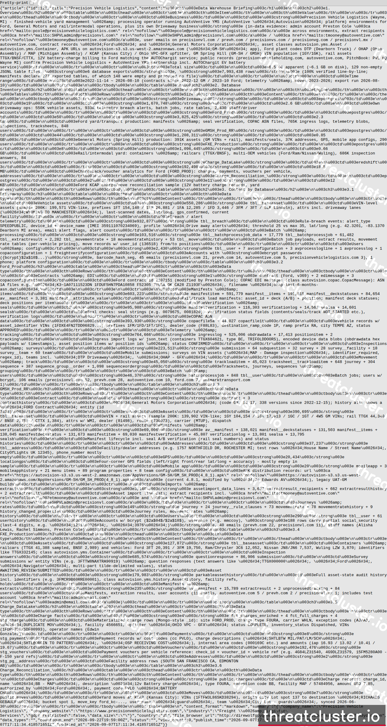 Leak-site post naming Precision Vehicle Logistics, captured by ThreatCluster