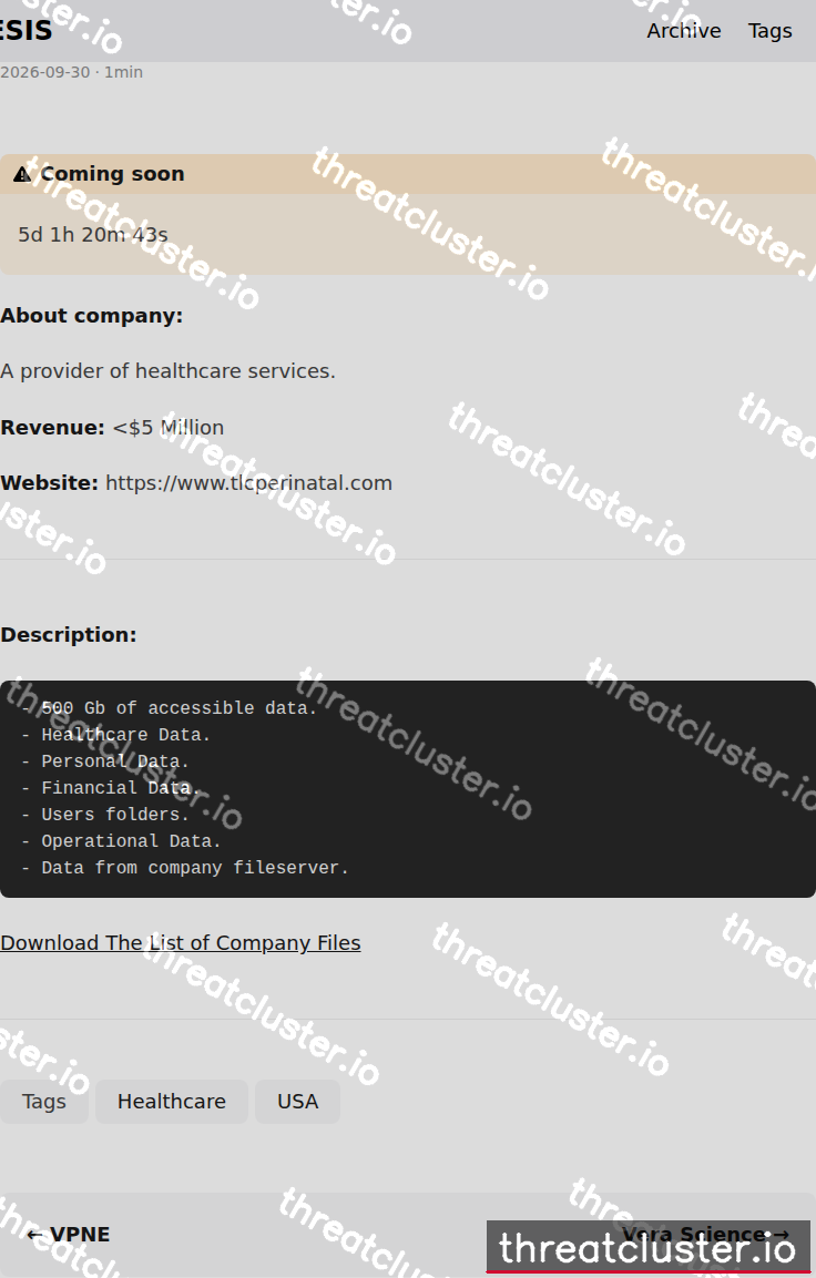 Leak-site post naming TLC Perinatal, captured by ThreatCluster