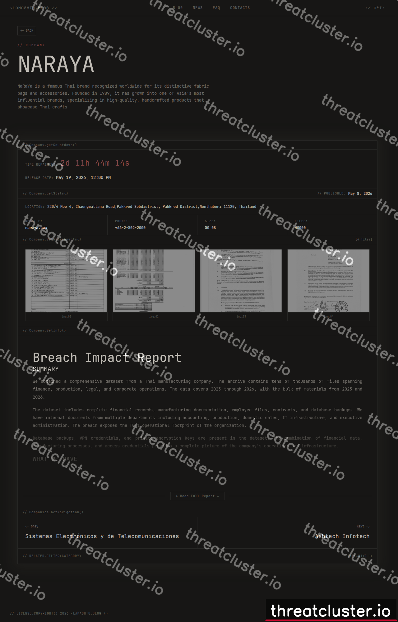 Leak-site post naming NaRaYa, captured by ThreatCluster