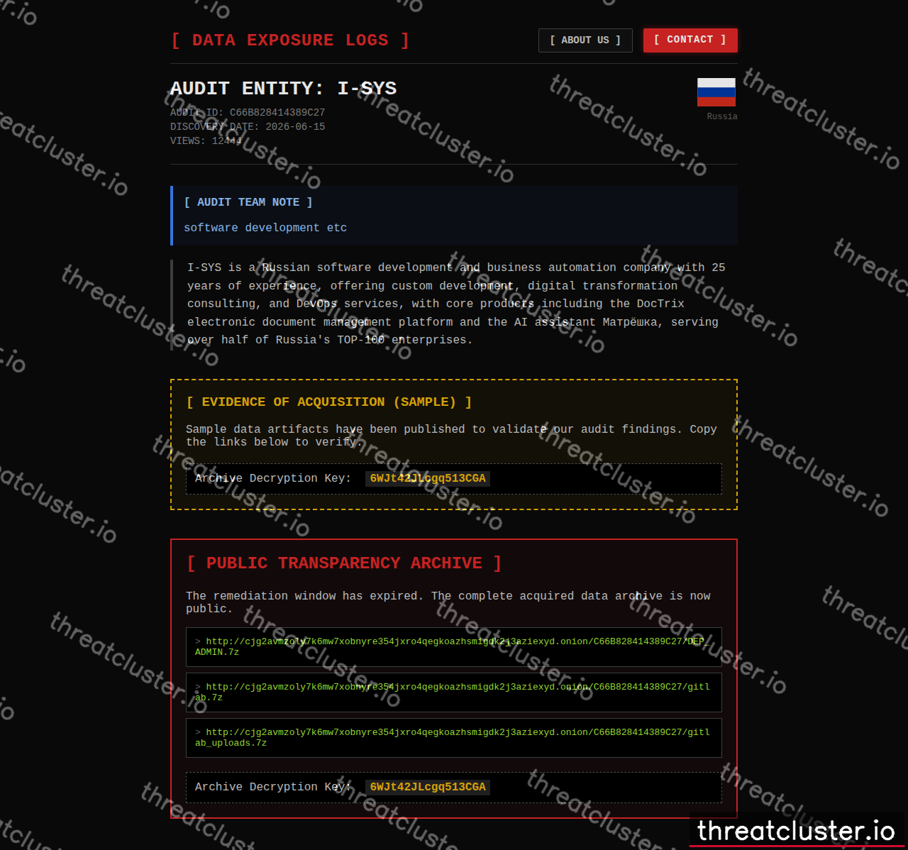 Leak-site post naming I-SYS, captured by ThreatCluster