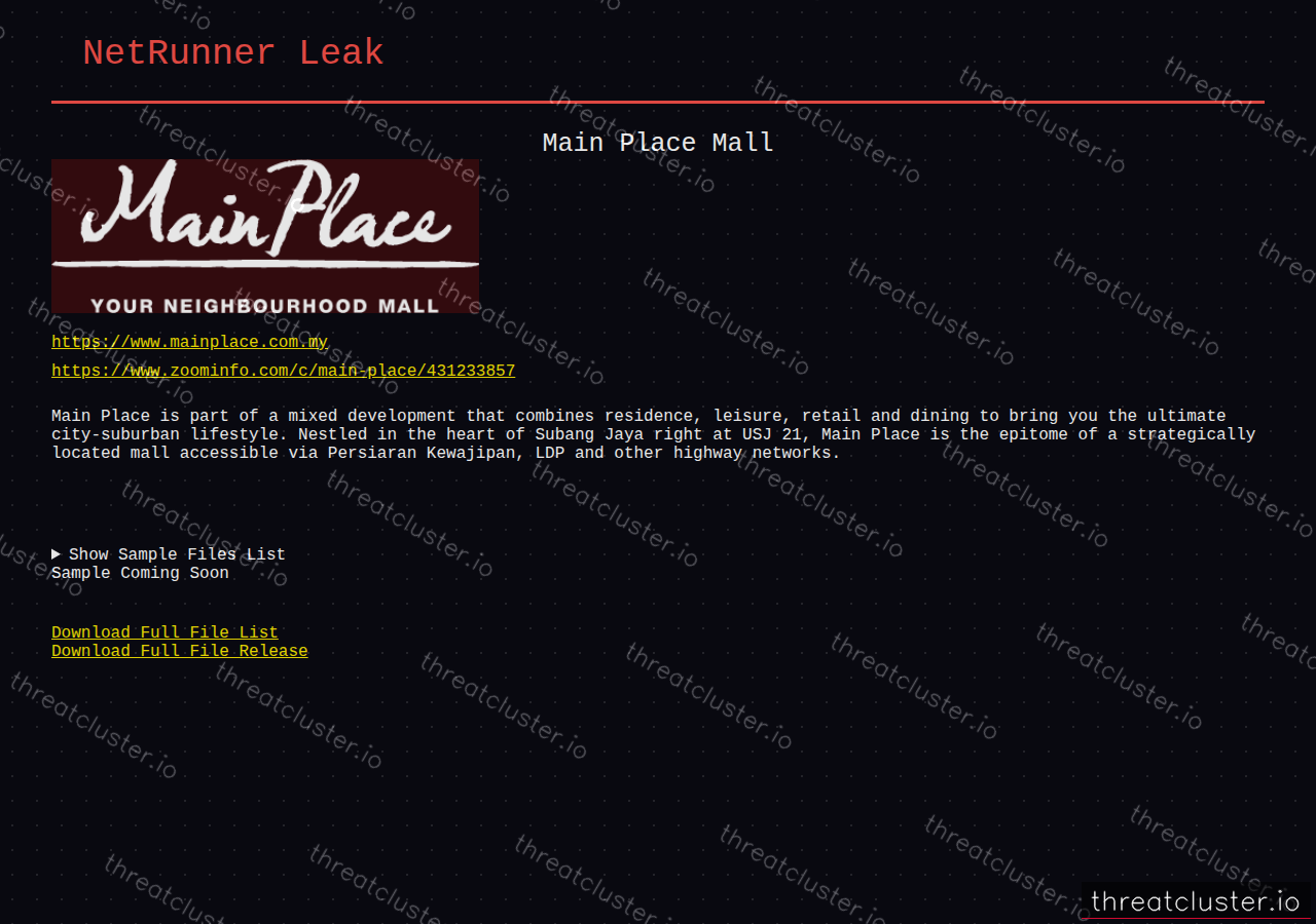 Leak-site post naming Main Place Mall, captured by ThreatCluster