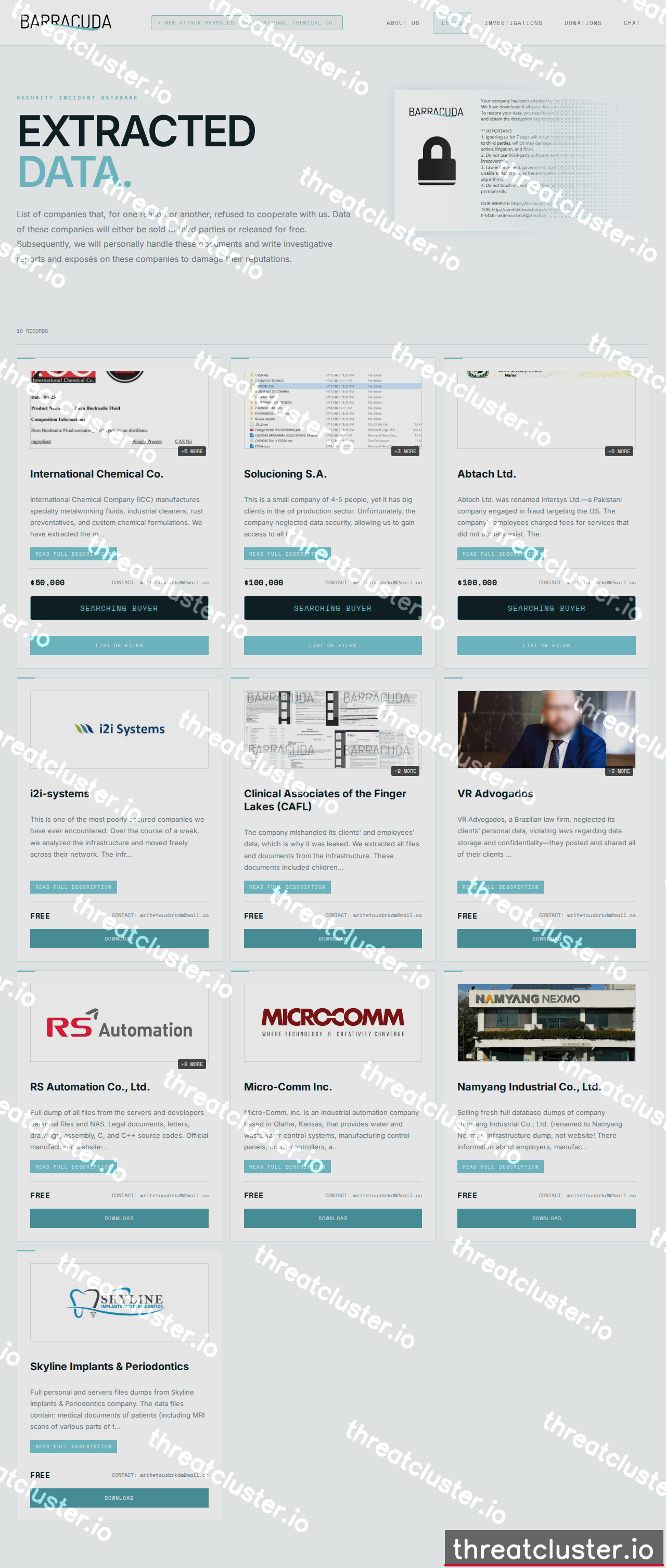 Leak-site post naming International Chemical Co., captured by ThreatCluster