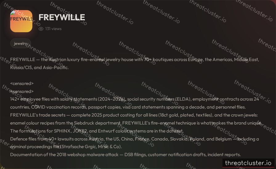 Leak-site post naming FREYWILLE, captured by ThreatCluster