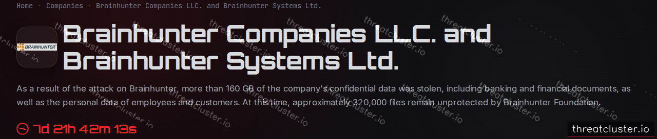 Leak-site post naming Brainhunter Companies LLC. and Brainhunter Systems Ltd., captured by ThreatCluster