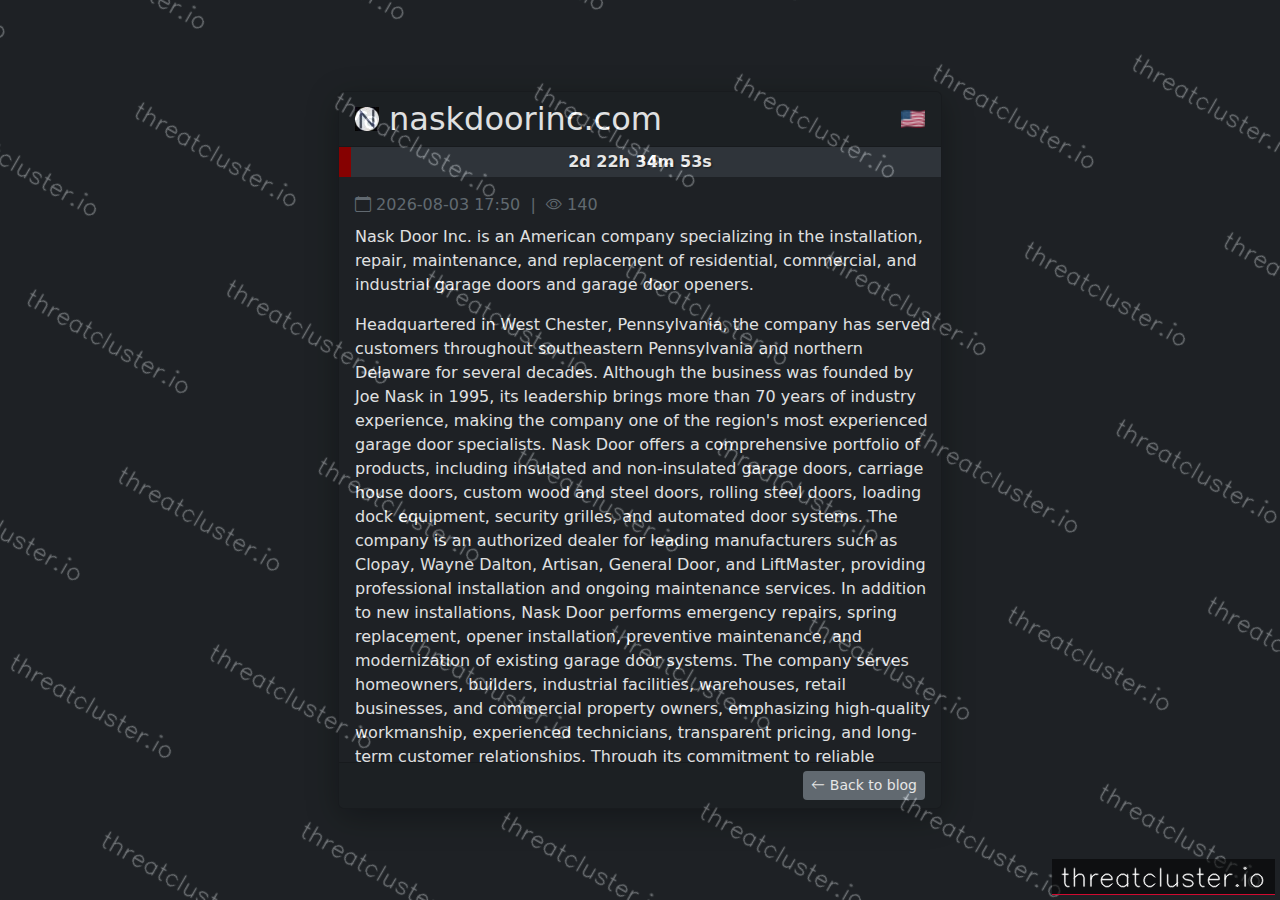 Leak-site post naming naskdoorinc.com, captured by ThreatCluster