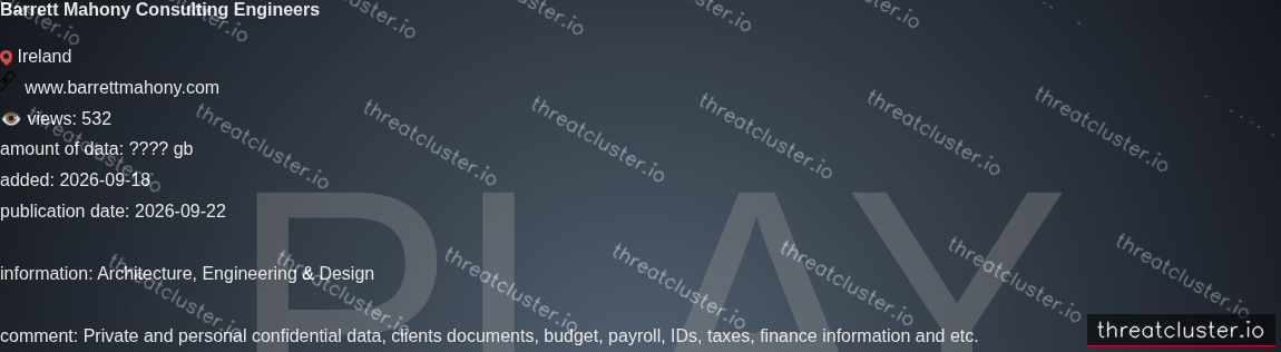 Leak-site post naming Barrett Mahony Consulting Engineers, captured by ThreatCluster