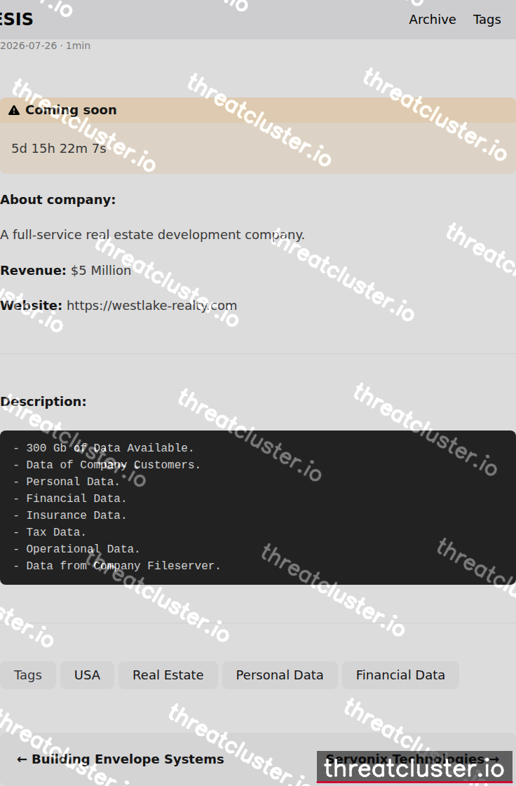 Leak-site post naming Westlake Realty Group, Inc., captured by ThreatCluster