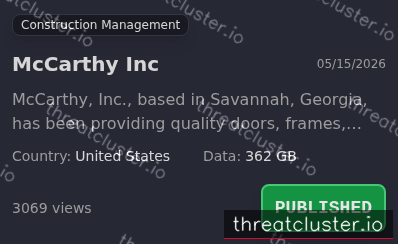 Leak-site post naming McCarthy Inc, captured by ThreatCluster
