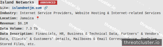 Leak-site post naming Island Networks, captured by ThreatCluster