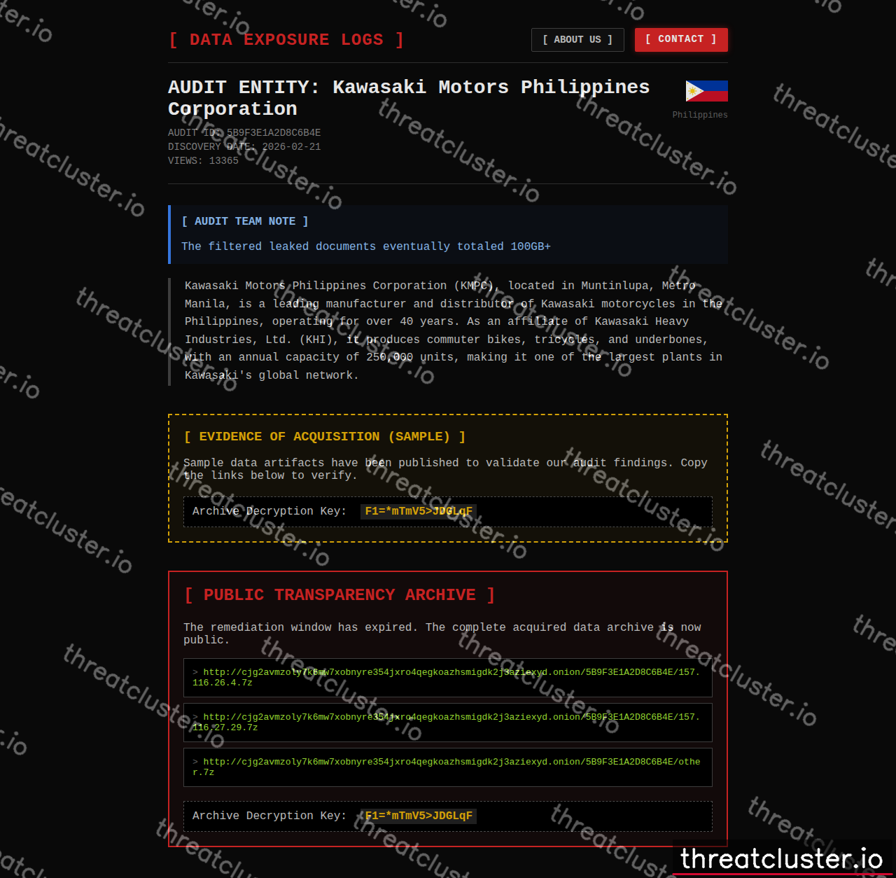 Leak-site post naming Kawasaki Motors Philippines Corporation, captured by ThreatCluster