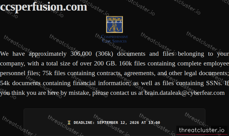 Leak-site post naming ccsperfusion.com, captured by ThreatCluster
