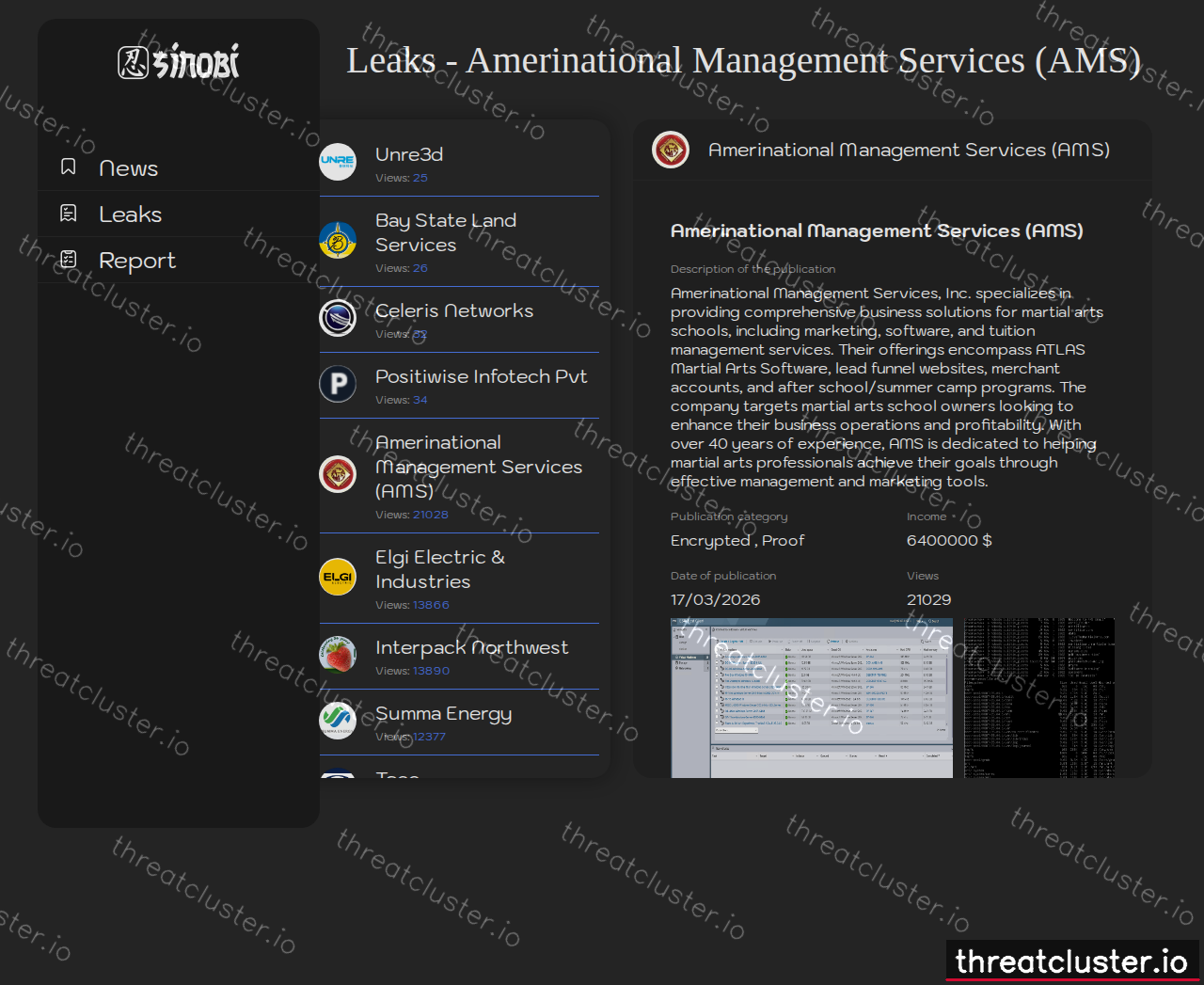 Leak-site post naming Amerinational Management Services (AMS), captured by ThreatCluster