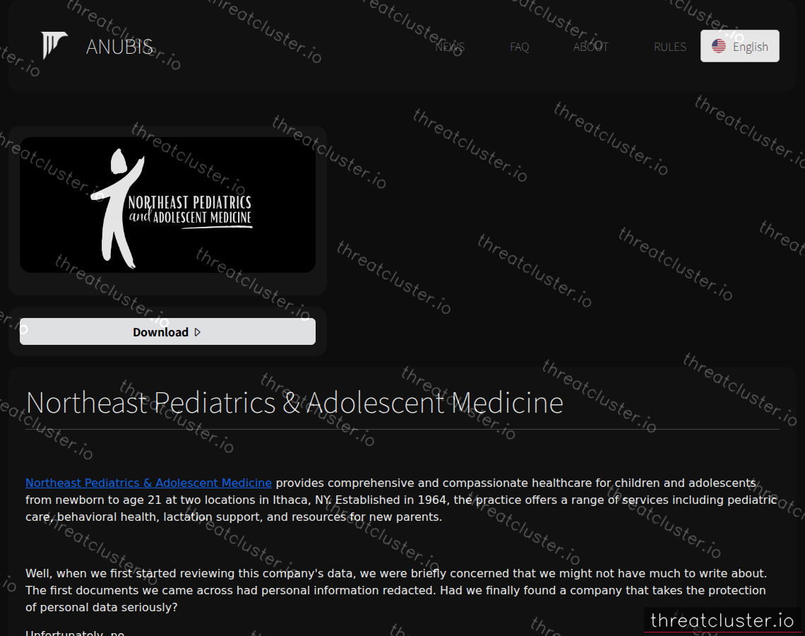 Leak-site post naming Northeast Pediatrics & Adolescent Medicine, captured by ThreatCluster