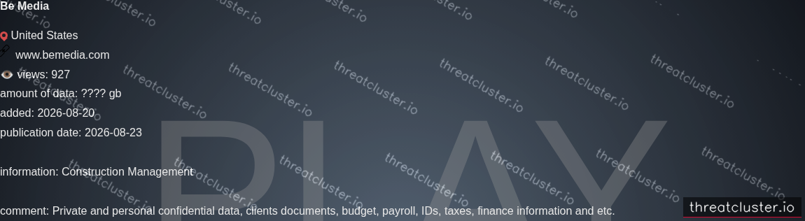 Leak-site post naming Be Media, captured by ThreatCluster