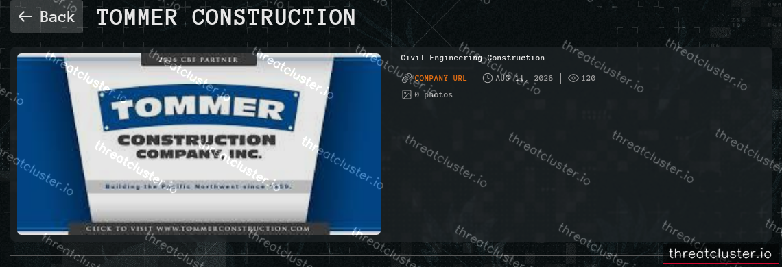 Leak-site post naming tommer construction, captured by ThreatCluster