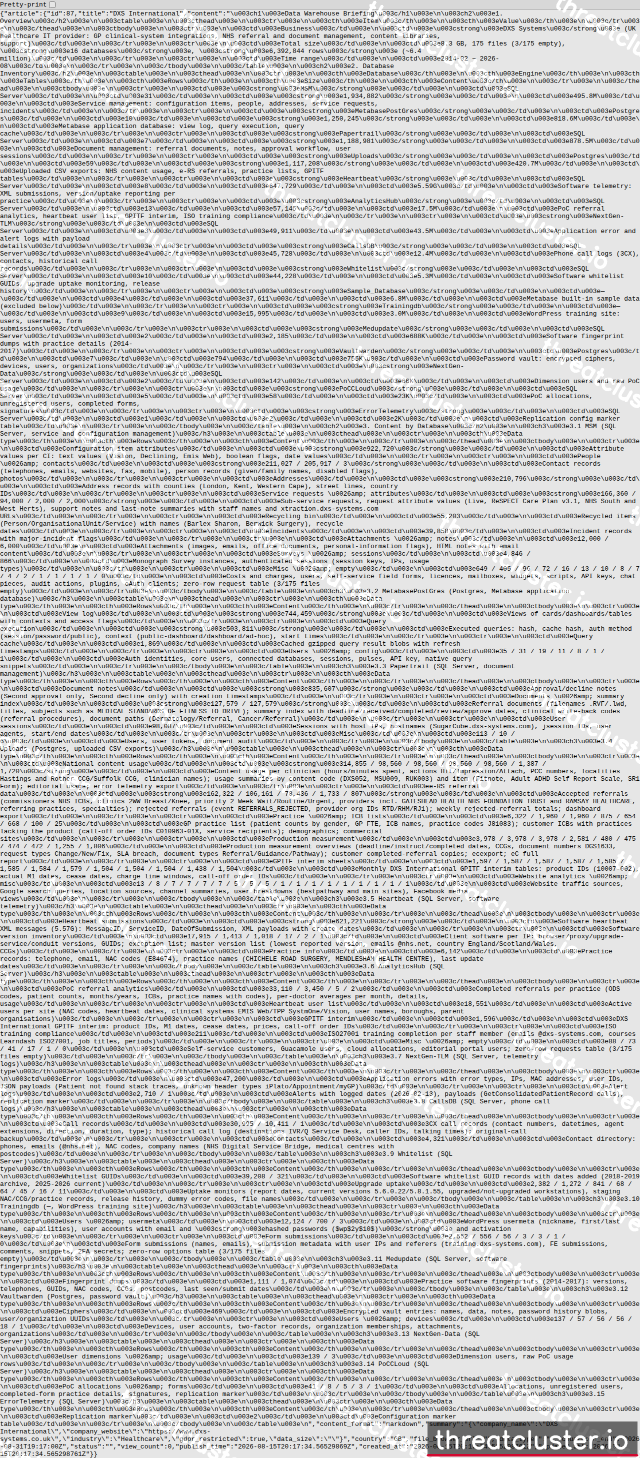 Leak-site post naming DXS International, captured by ThreatCluster