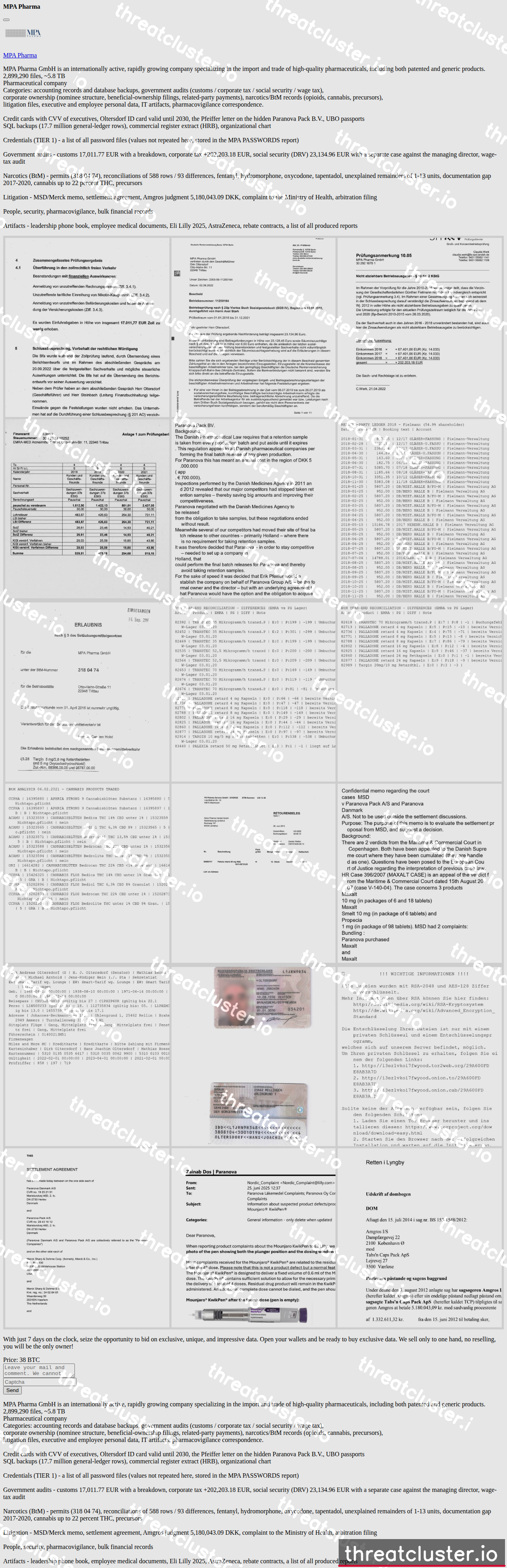 Leak-site post naming MPA Pharma, captured by ThreatCluster