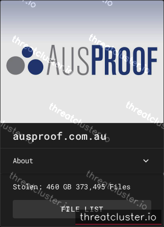 Leak-site post naming ausproof.com.au, captured by ThreatCluster