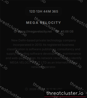 Leak-site post naming Mega Velocity, captured by ThreatCluster