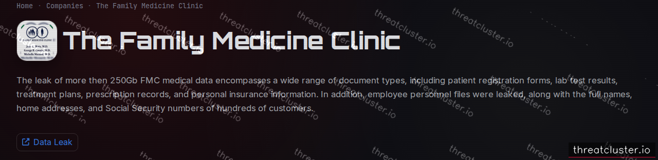 Leak-site post naming The Family Medicine Clinic, captured by ThreatCluster