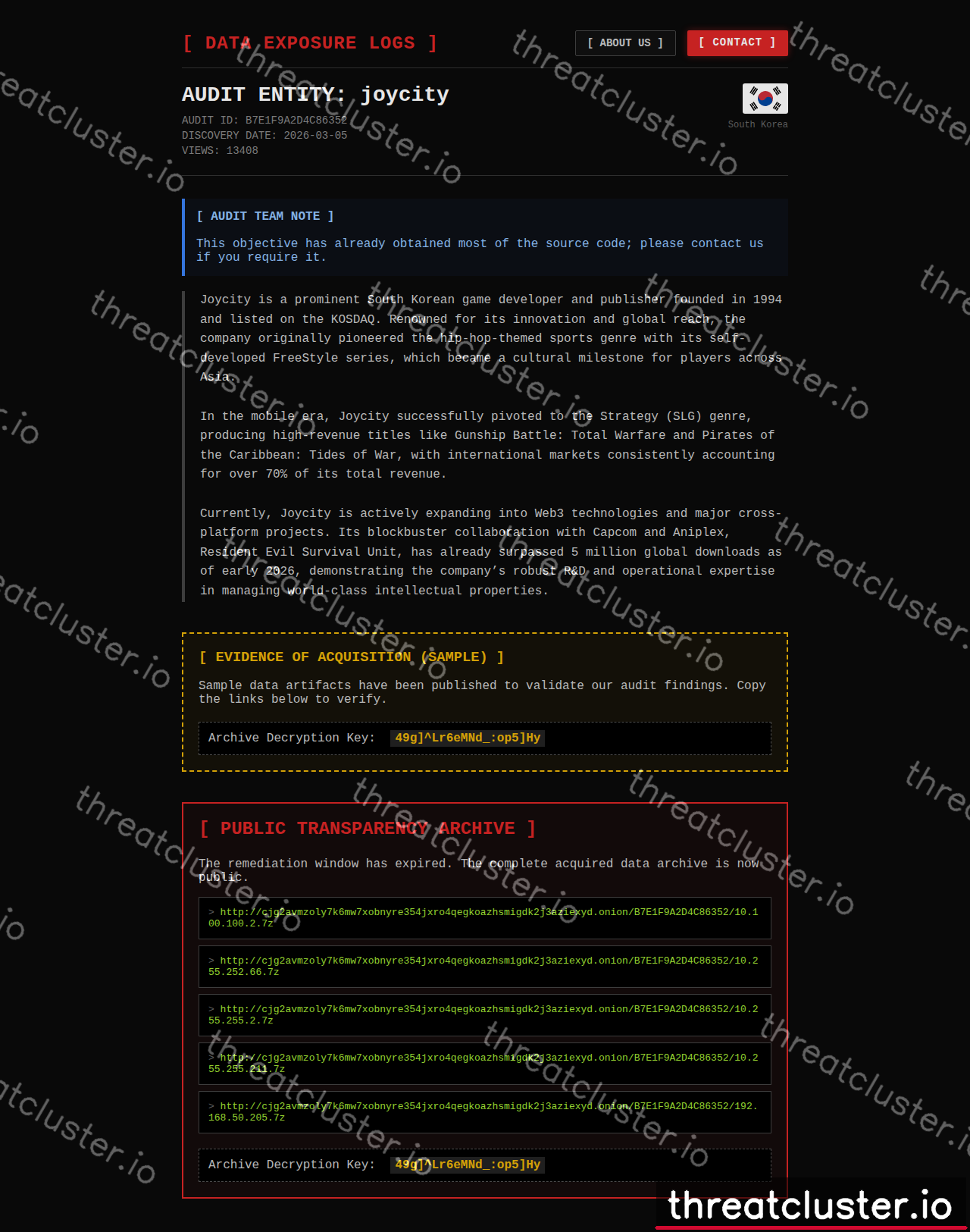 Leak-site post naming joycity, captured by ThreatCluster