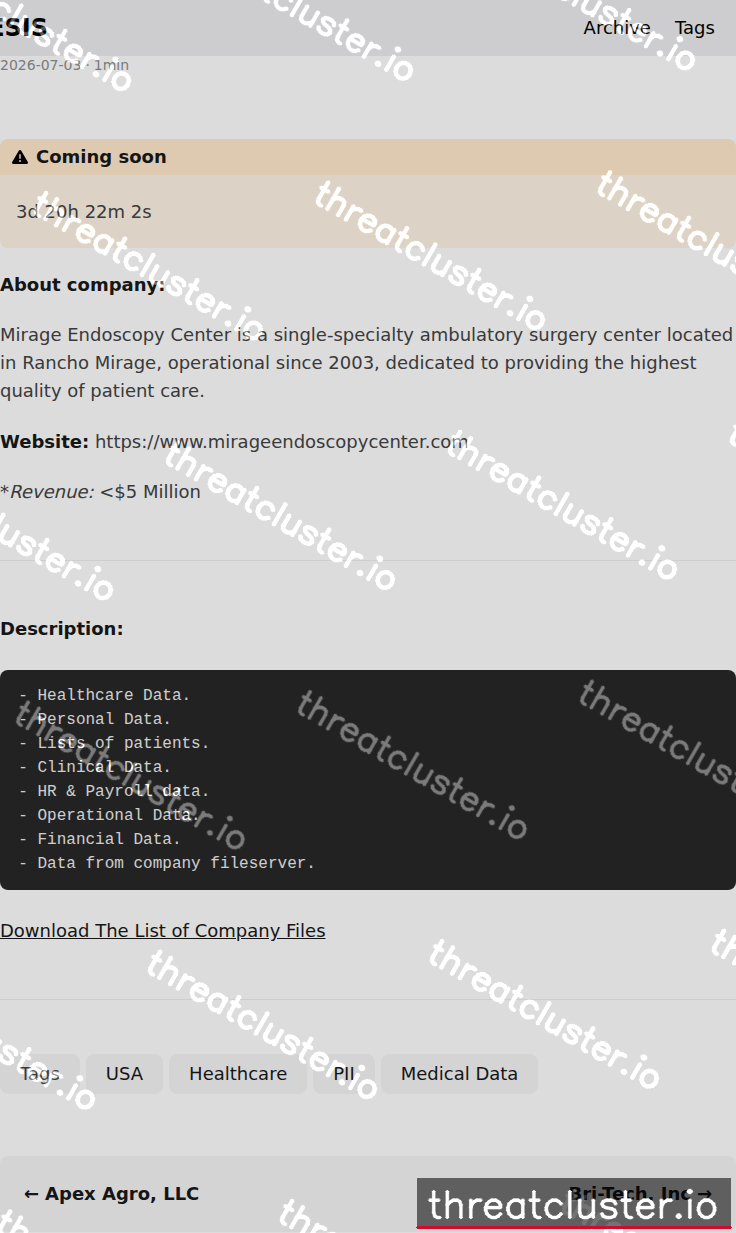 Leak-site post naming Mirage Endoscopy Center, captured by ThreatCluster