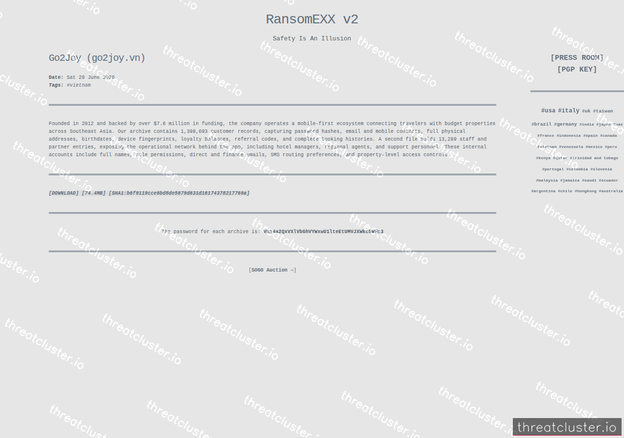 Leak-site post naming Go2Joy (go2joy.vn), captured by ThreatCluster