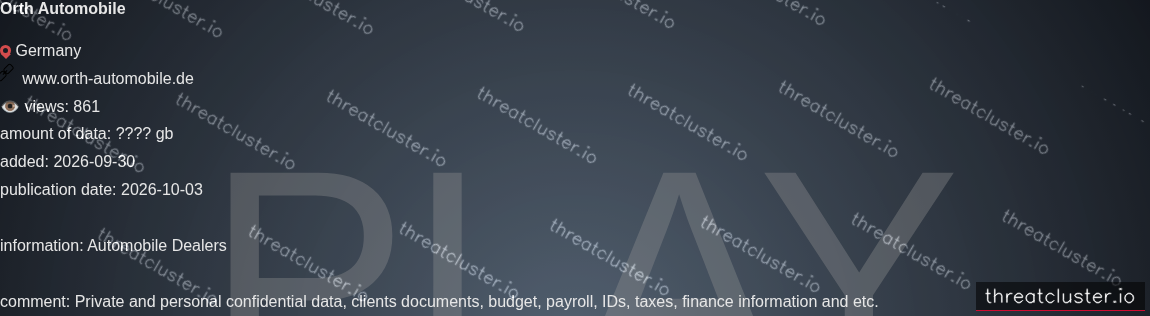 Leak-site post naming Orth Automobile, captured by ThreatCluster