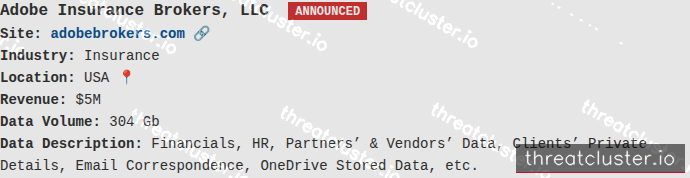 Leak-site post naming Adobe Insurance Brokers, LLC, captured by ThreatCluster