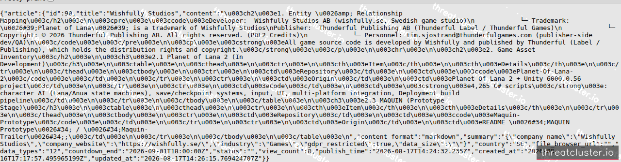Leak-site post naming Wishfully Studios, captured by ThreatCluster