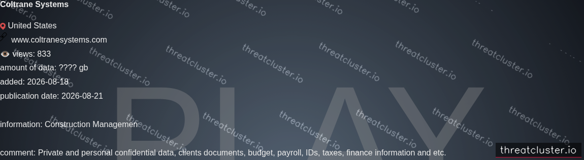 Leak-site post naming Coltrane Systems, captured by ThreatCluster