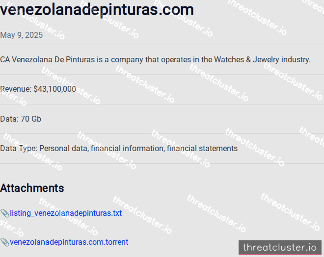 Leak-site post naming venezolanadepinturas.com, captured by ThreatCluster