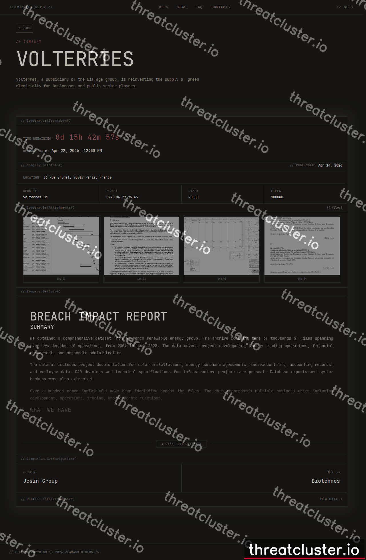 Leak-site post naming VOLTERRIES, captured by ThreatCluster