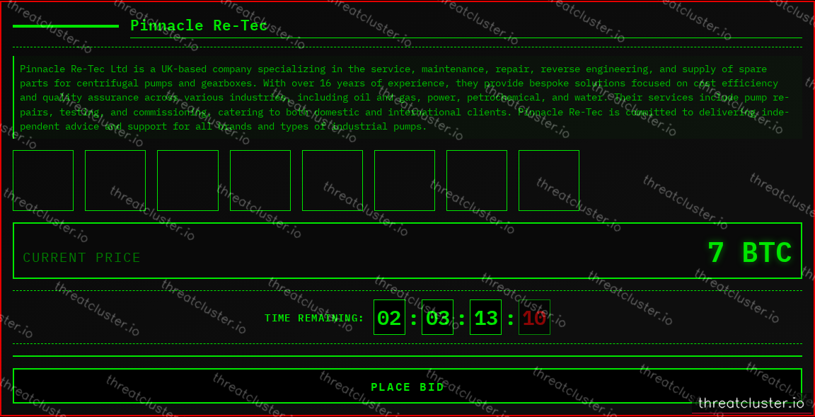 Leak-site post naming Pinnacle Re-Tec, captured by ThreatCluster