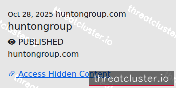 Leak-site post naming huntongroup.com, captured by ThreatCluster