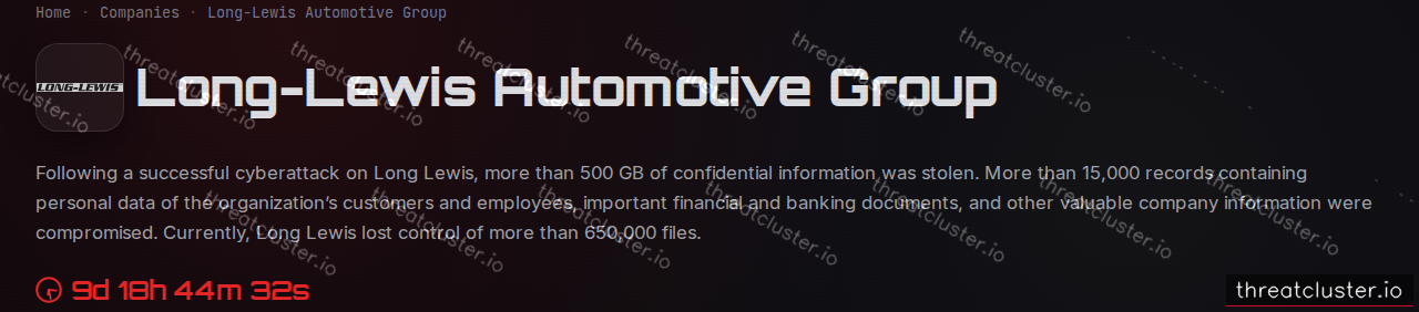 Leak-site post naming Long-Lewis Automotive Group, captured by ThreatCluster