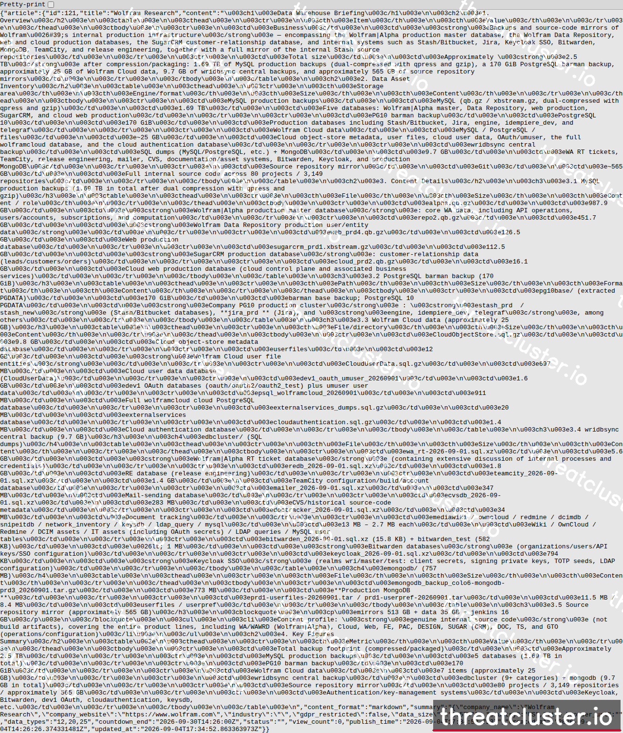 Leak-site post naming Wolfram Research, captured by ThreatCluster