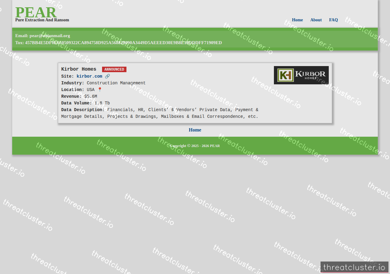Leak-site post naming Kirbor Homes, captured by ThreatCluster