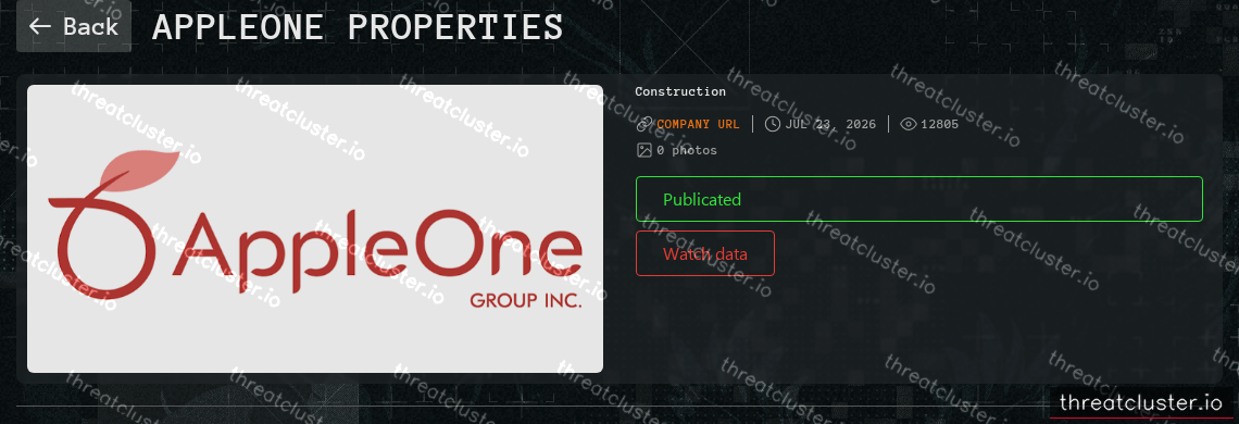 Leak-site post naming AppleOne Properties, captured by ThreatCluster