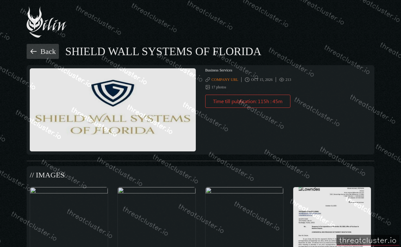 Leak-site post naming Shield Wall Systems of Florida, captured by ThreatCluster