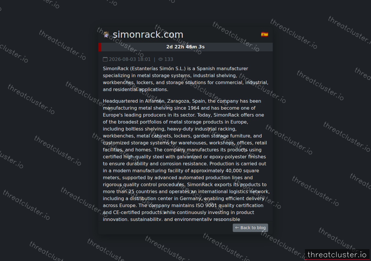 Leak-site post naming simonrack.com, captured by ThreatCluster