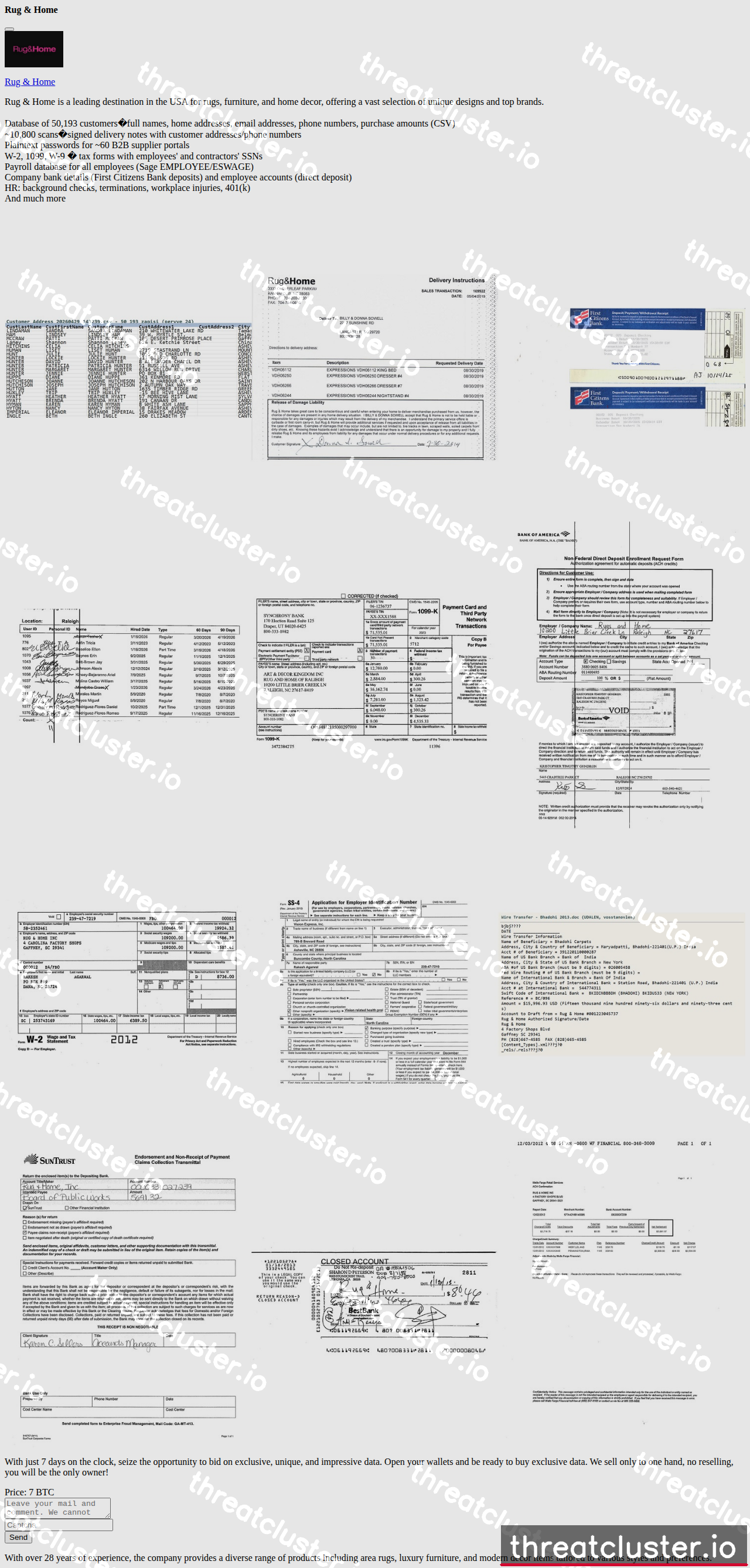 Leak-site post naming Rug & Home, captured by ThreatCluster